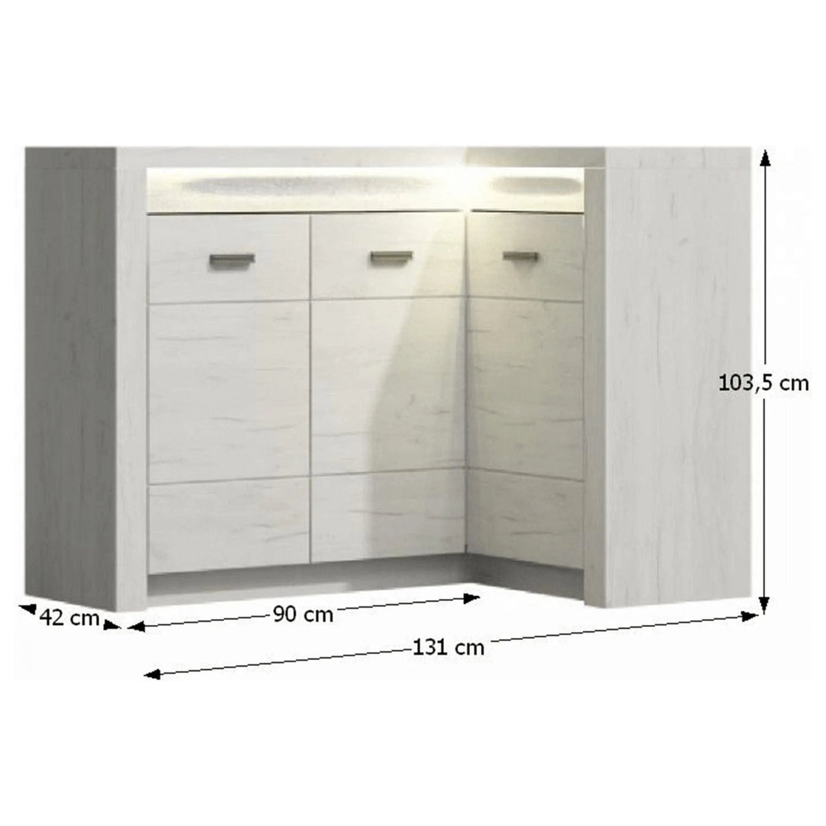 Comoda de colt INFINITY I-15, frasin alb, PAL melaminat/metal, 131/90x42x104 cm