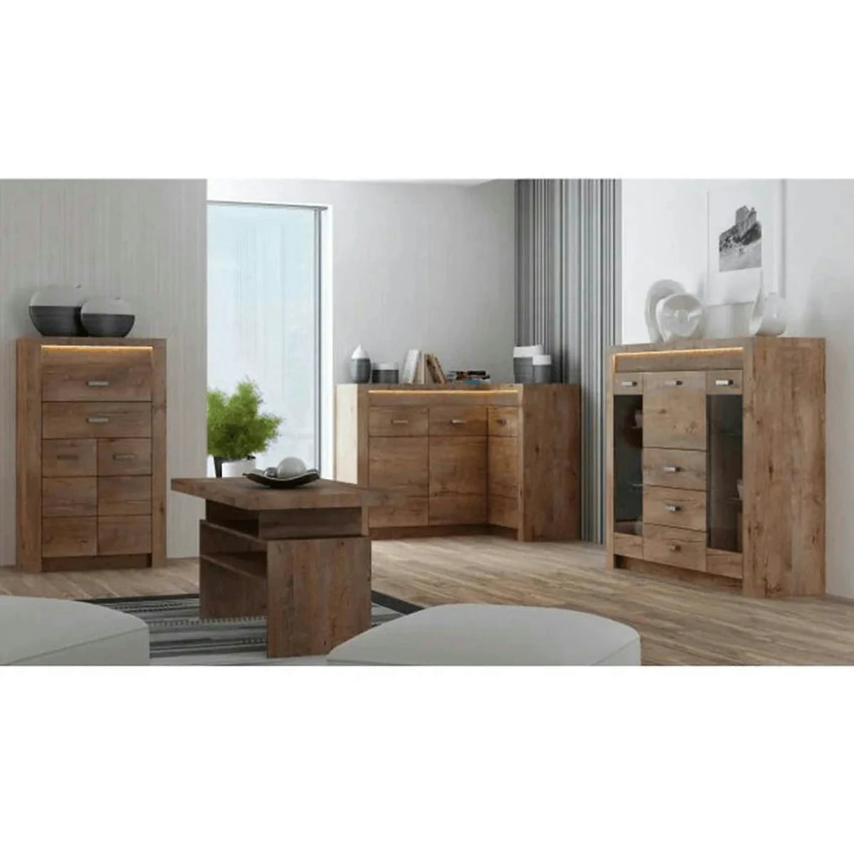 Comoda de colt INFINITY I-15, frasin deschis, PAL melaminat, 131/90x42x104 cm