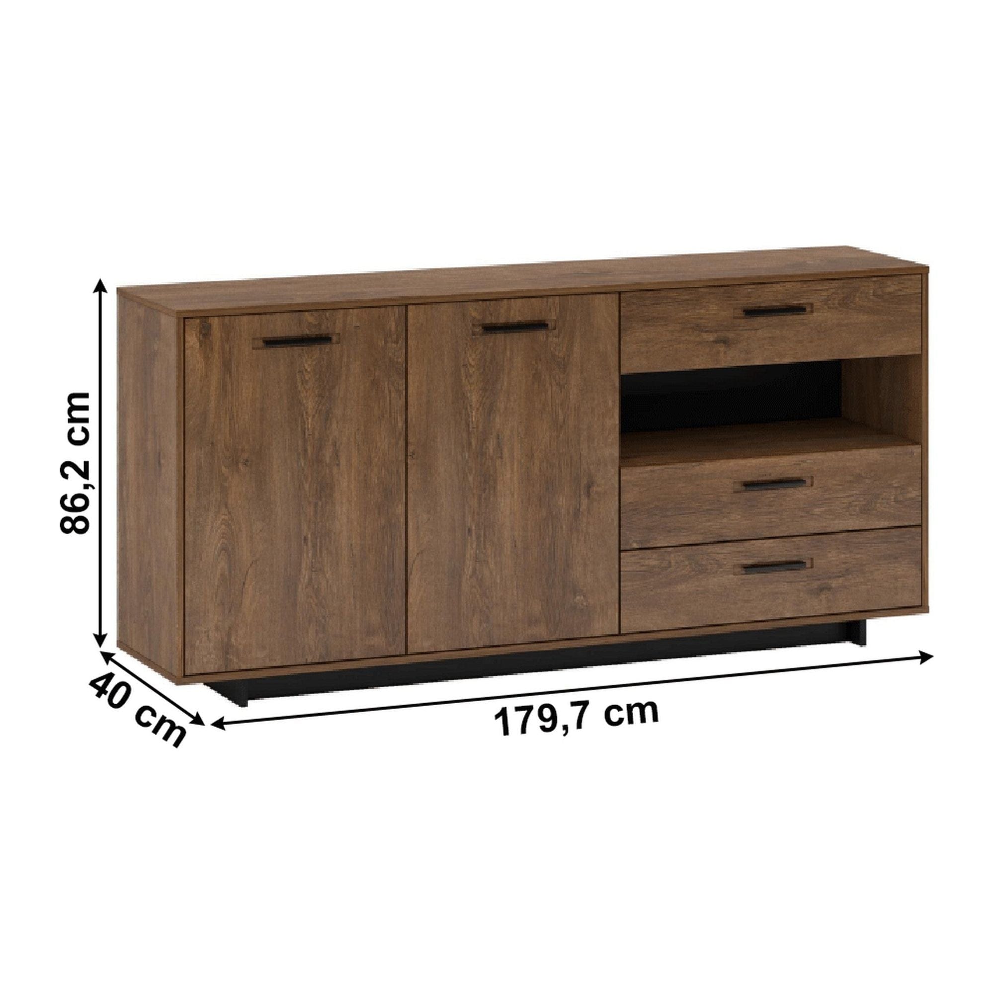 Comoda DELIS, stejar bolzano/negru, 180x40x86 cm