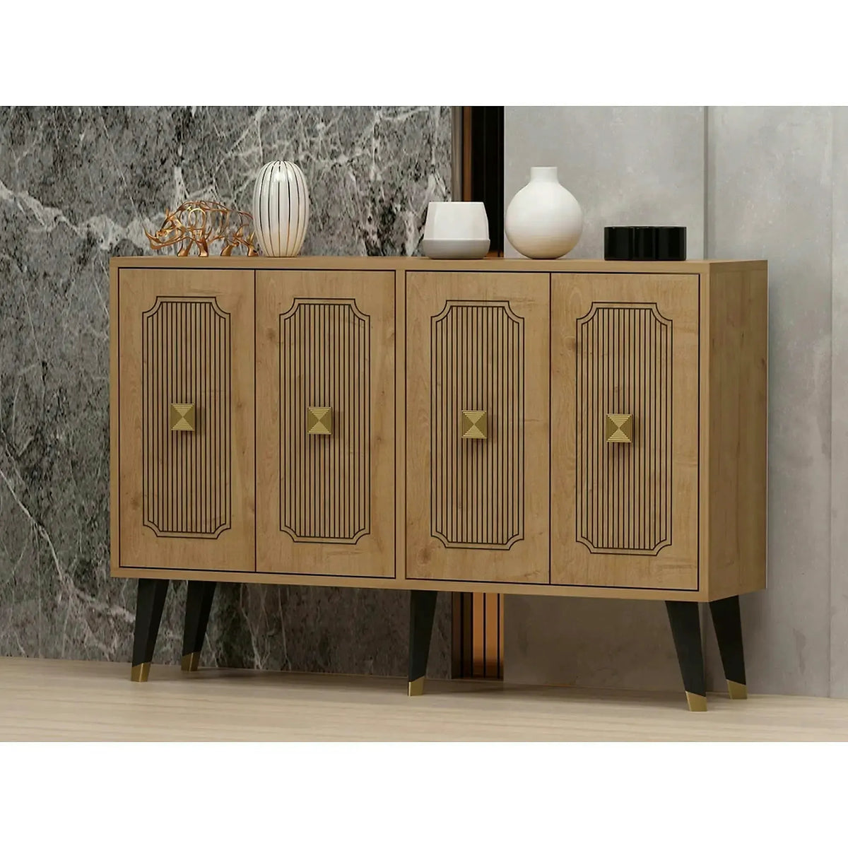 Comoda DESARI, stejar/auriu/negru, PAL melaminat, 120x30x80 cm