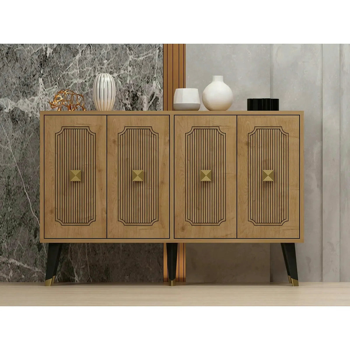 Comoda DESARI, stejar/auriu/negru, PAL melaminat, 120x30x80 cm