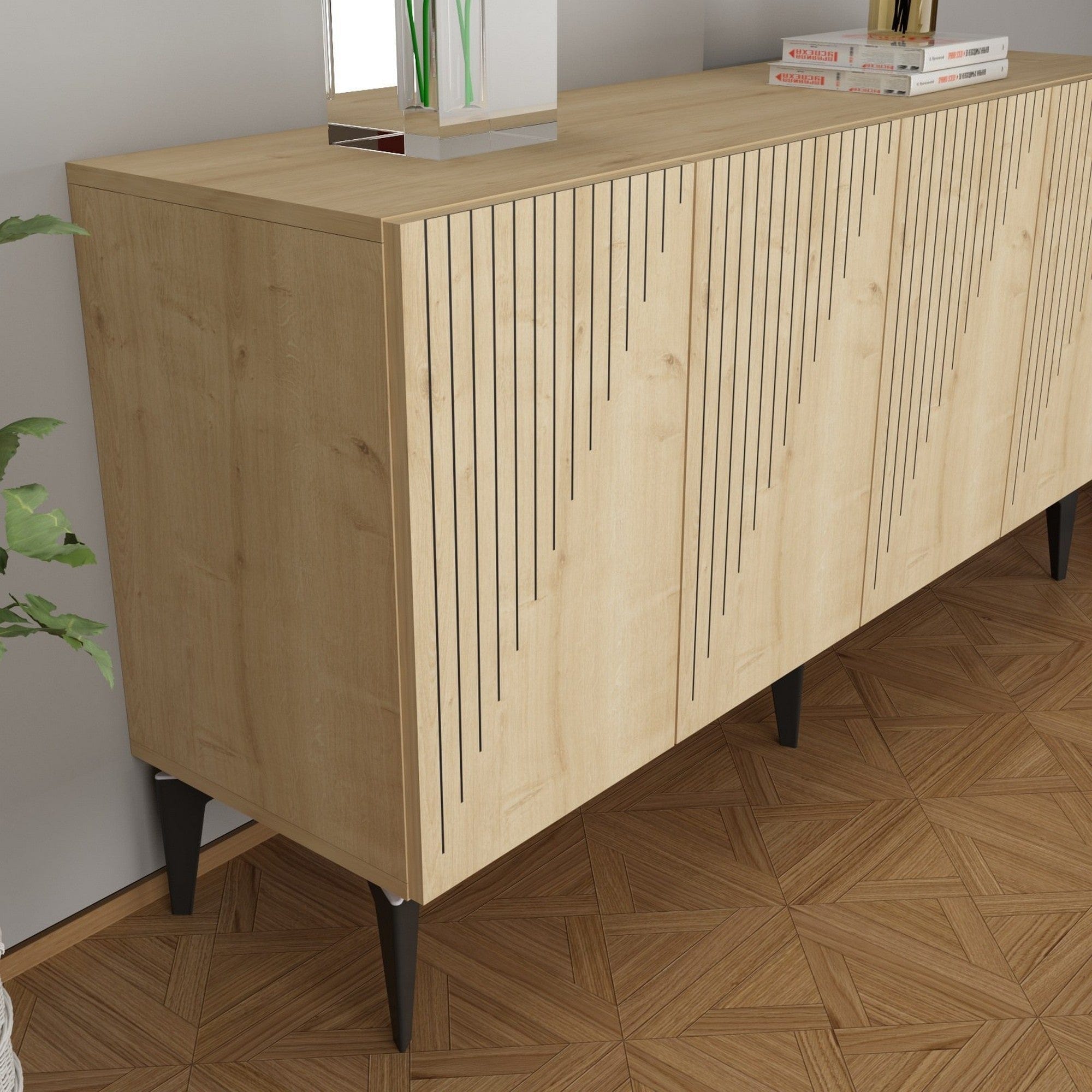 Comoda DRAW, stejar sapphire/negru, PAL melaminat, 150x40x79 cm