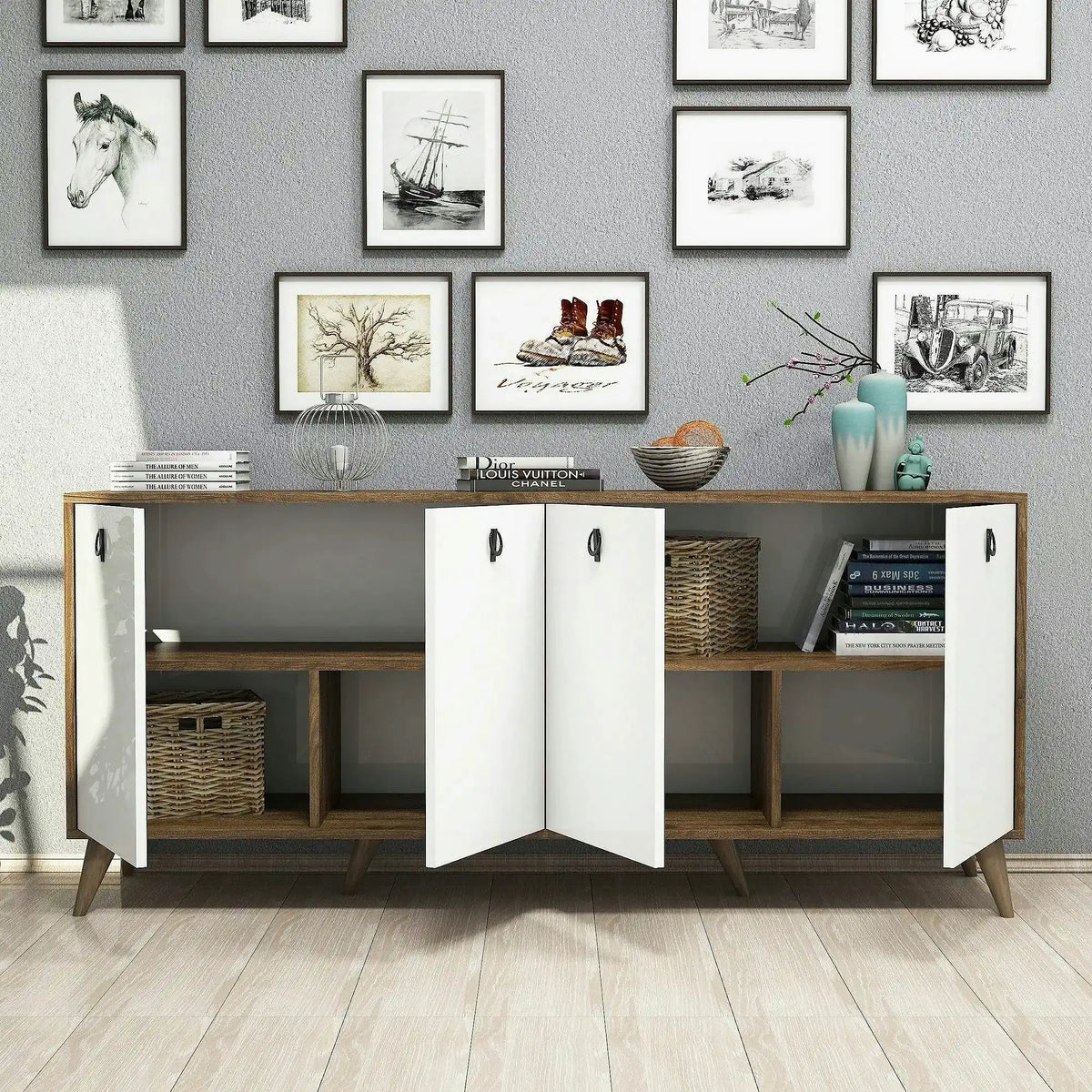 Comoda ELITE 1612, alb/stejar inchis, PAL melaminat, 180x45x80 cm