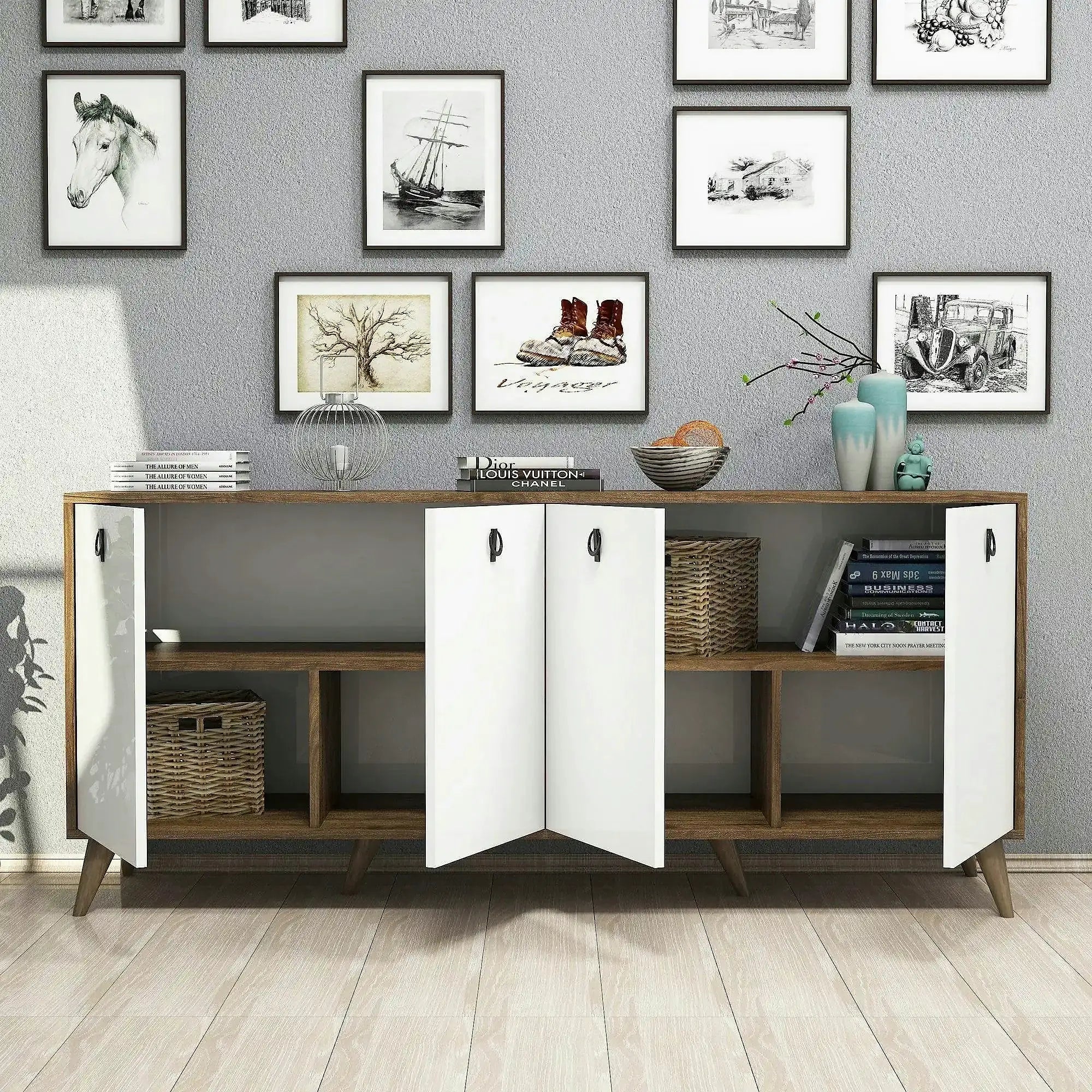Comoda ELITE 1612, alb/stejar inchis, PAL melaminat, 180x45x80 cm