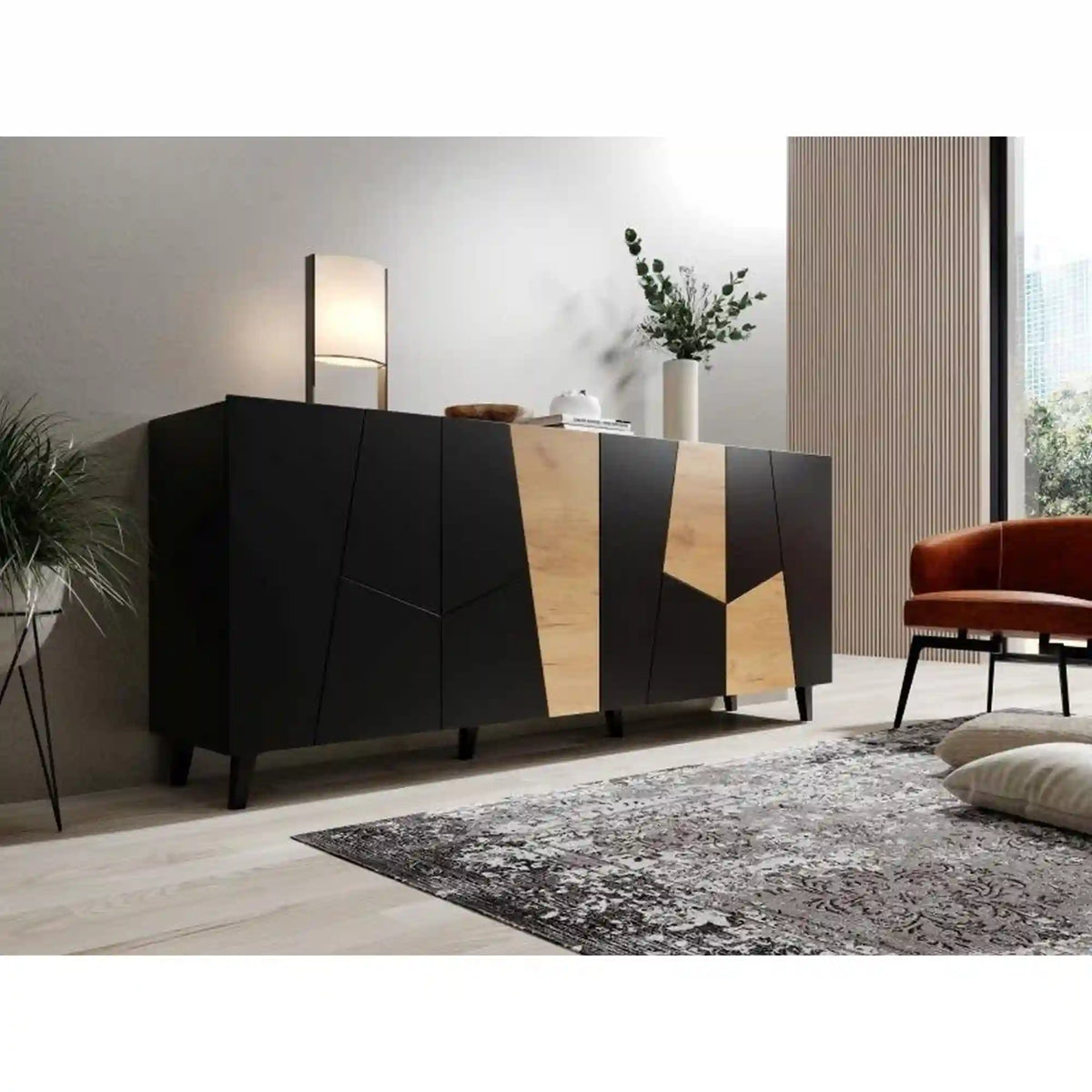 Comoda ETNA, negru/stejar, PAL/plastic, 200x42x82 cm