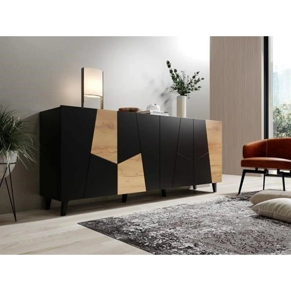 Comoda ETNA, negru/stejar, PAL/plastic, 200x42x82 cm