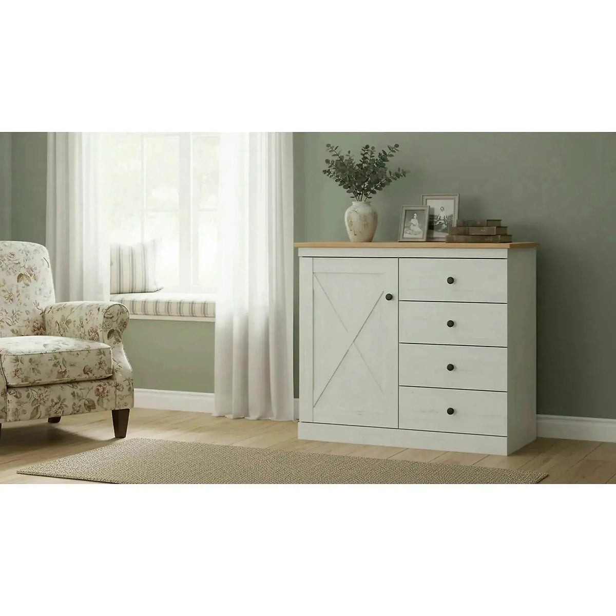 Comoda FRIJA, alb pin andersen/stejar artisan, PAL melaminat, 153x44x93 cm