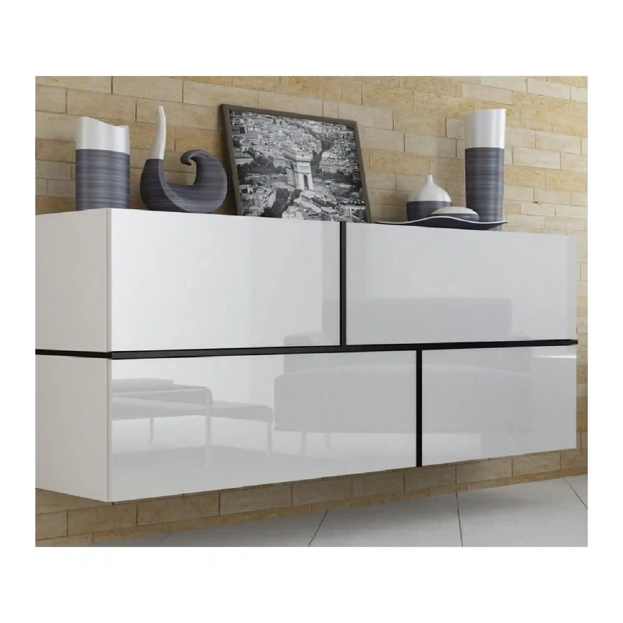 Comoda GOYA, alb/alb lucios/negru, PAL laminat, 170x40x80 cm