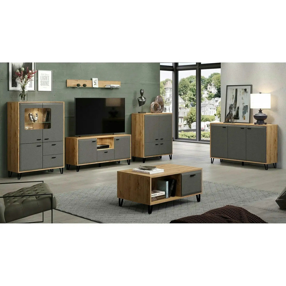Comoda GRACE, stejar/gri antracit, PAL laminat, 144x42x90 cm
