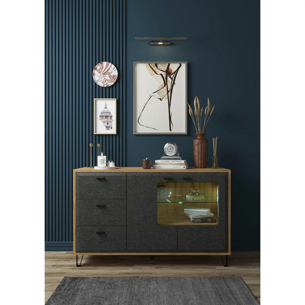 Comoda GRACE, stejar/gri antracit, PAL laminat, 144x42x90 cm