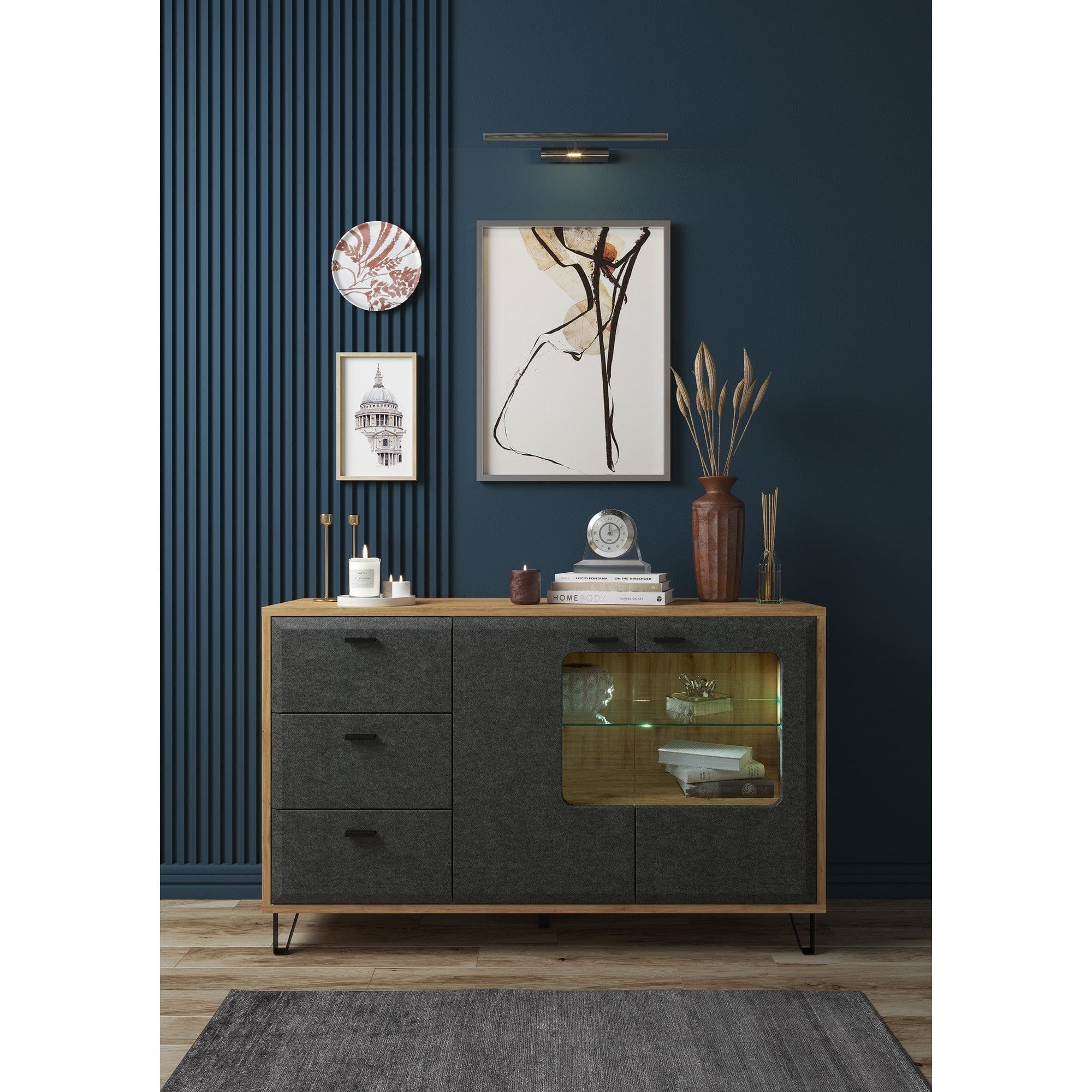 Comoda GRACE, stejar/gri antracit, PAL laminat, 144x42x90 cm