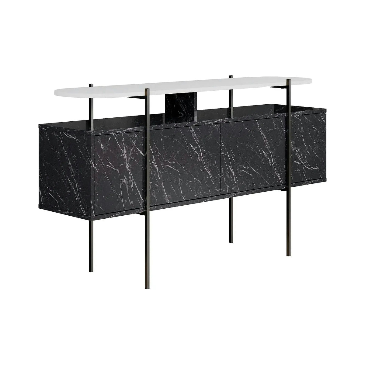 Comoda HANLEY, alb/negru cu efect de marmura, PAL melaminat/metal, 150x38x86 cm