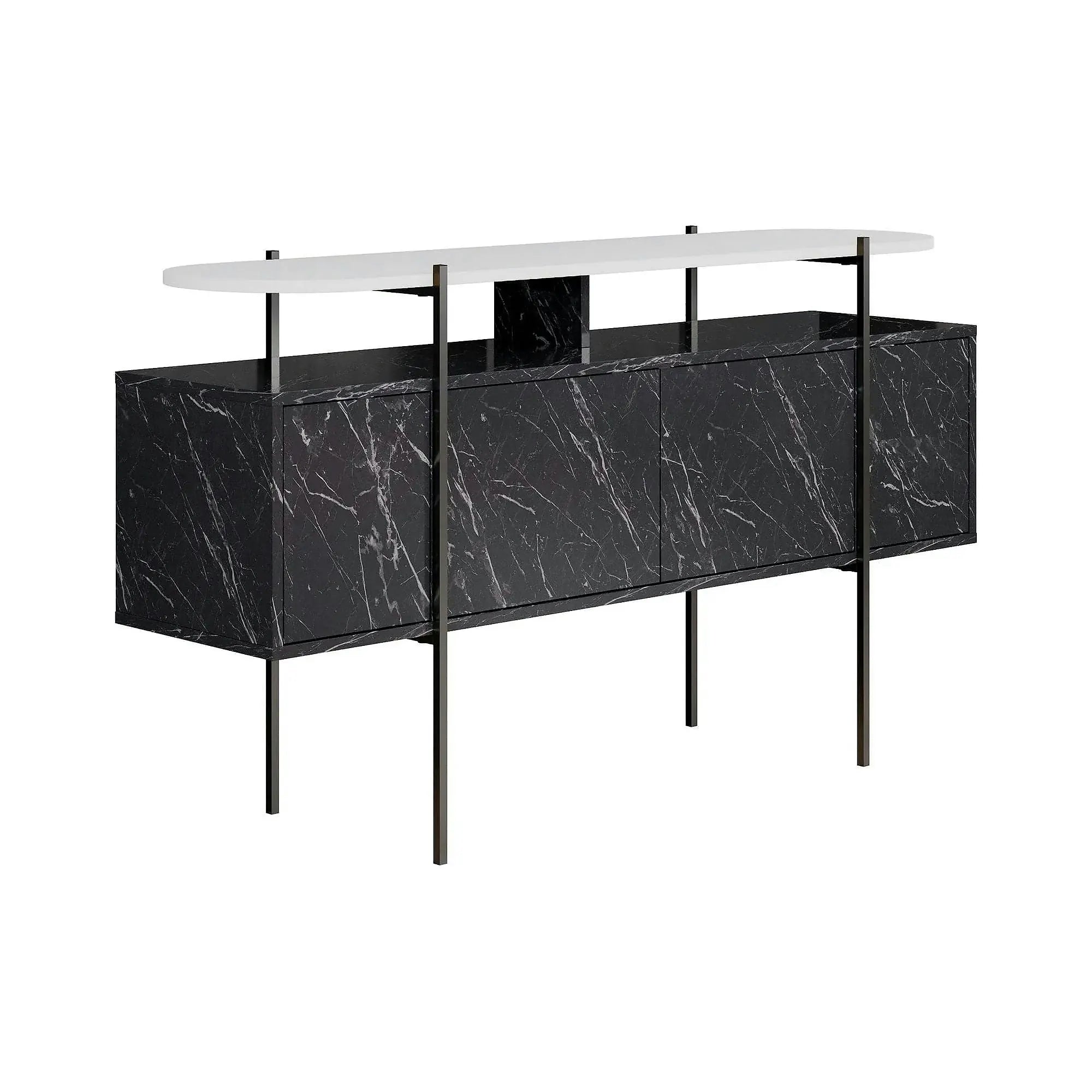 Comoda HANLEY, alb/negru cu efect de marmura, PAL melaminat/metal, 150x38x86 cm