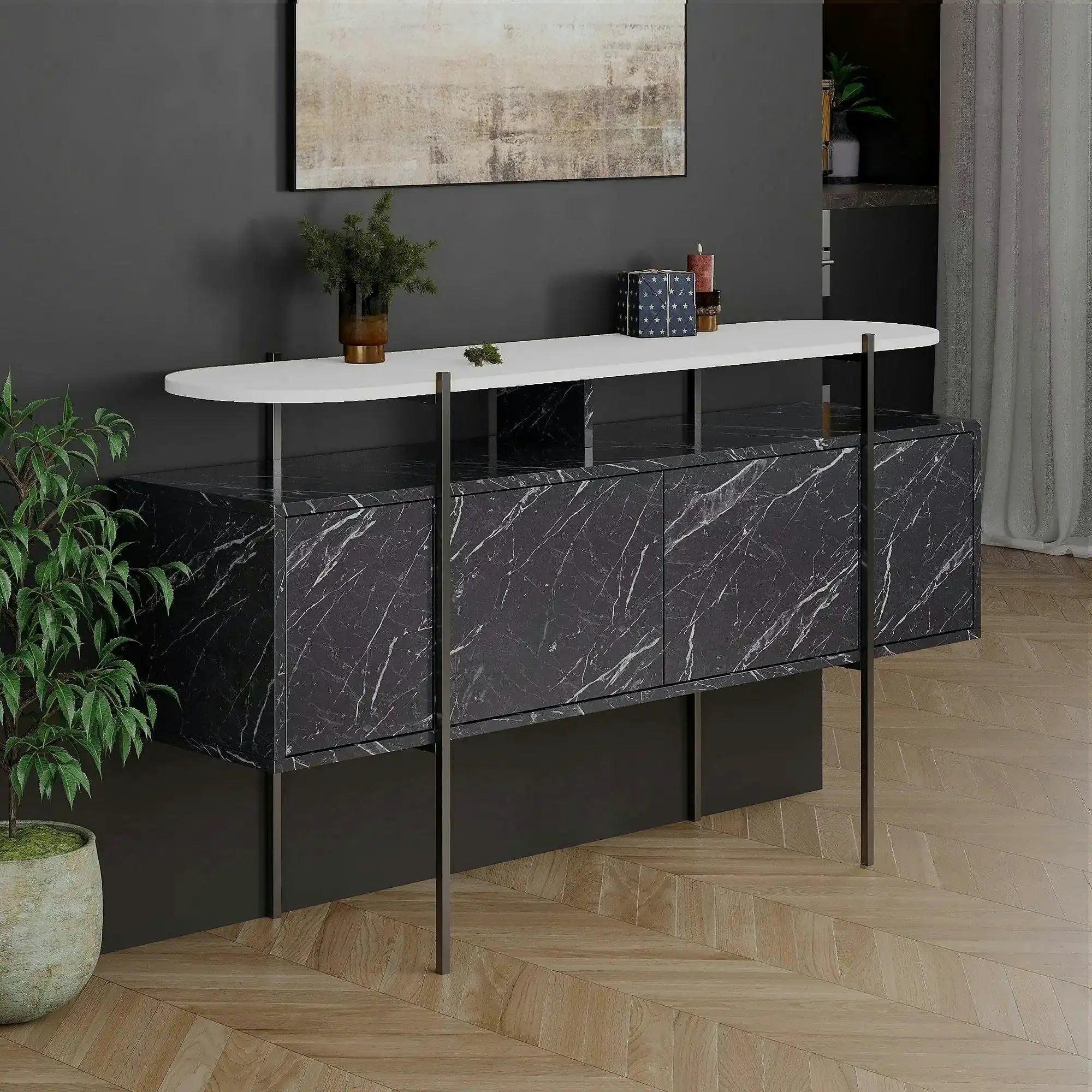 Comoda HANLEY, alb/negru cu efect de marmura, PAL melaminat/metal, 150x38x86 cm