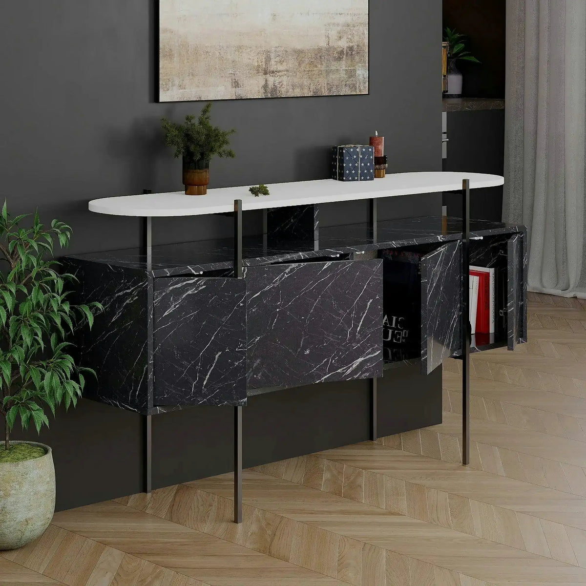 Comoda HANLEY, alb/negru cu efect de marmura, PAL melaminat/metal, 150x38x86 cm