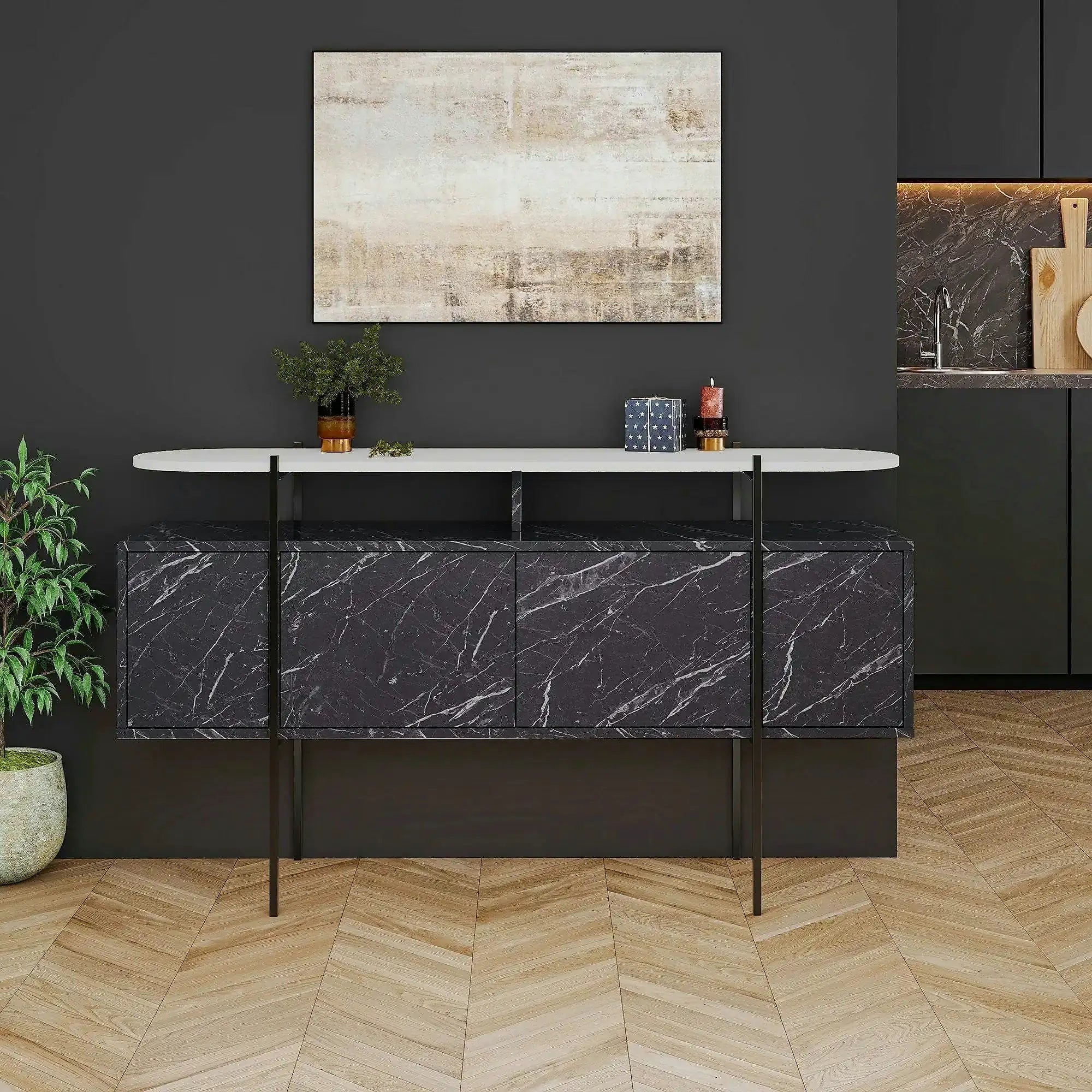 Comoda HANLEY, alb/negru cu efect de marmura, PAL melaminat/metal, 150x38x86 cm