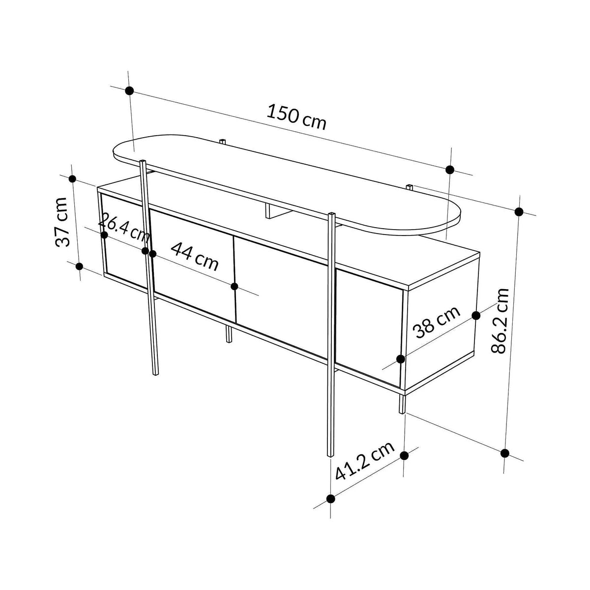 Comoda HANLEY, alb/negru cu efect de marmura, PAL melaminat/metal, 150x38x86 cm