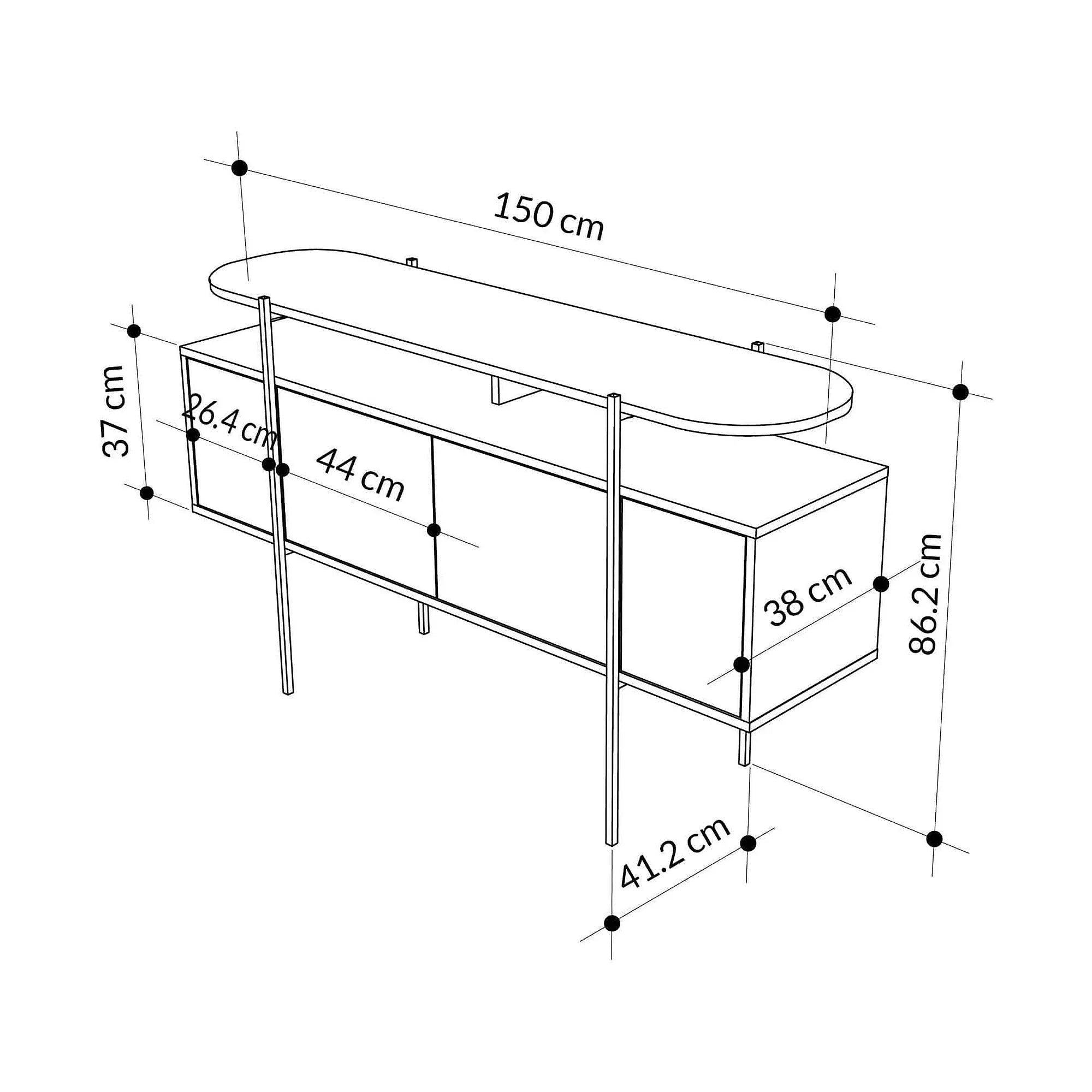 Comoda HANLEY, alb/negru cu efect de marmura, PAL melaminat/metal, 150x38x86 cm