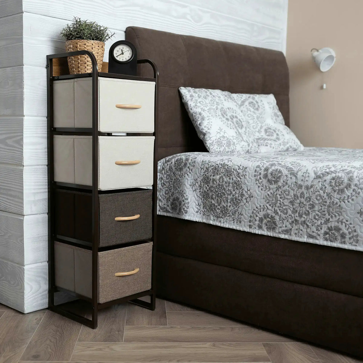 Comoda HAZEL TYP 1, bej/maro, MDF/metal/lemn/material textil, 31x29x99 cm