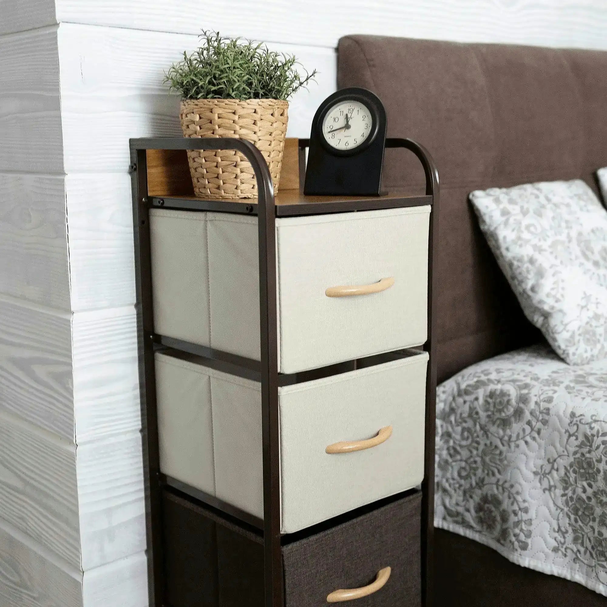 Comoda HAZEL TYP 1, bej/maro, MDF/metal/lemn/material textil, 31x29x99 cm