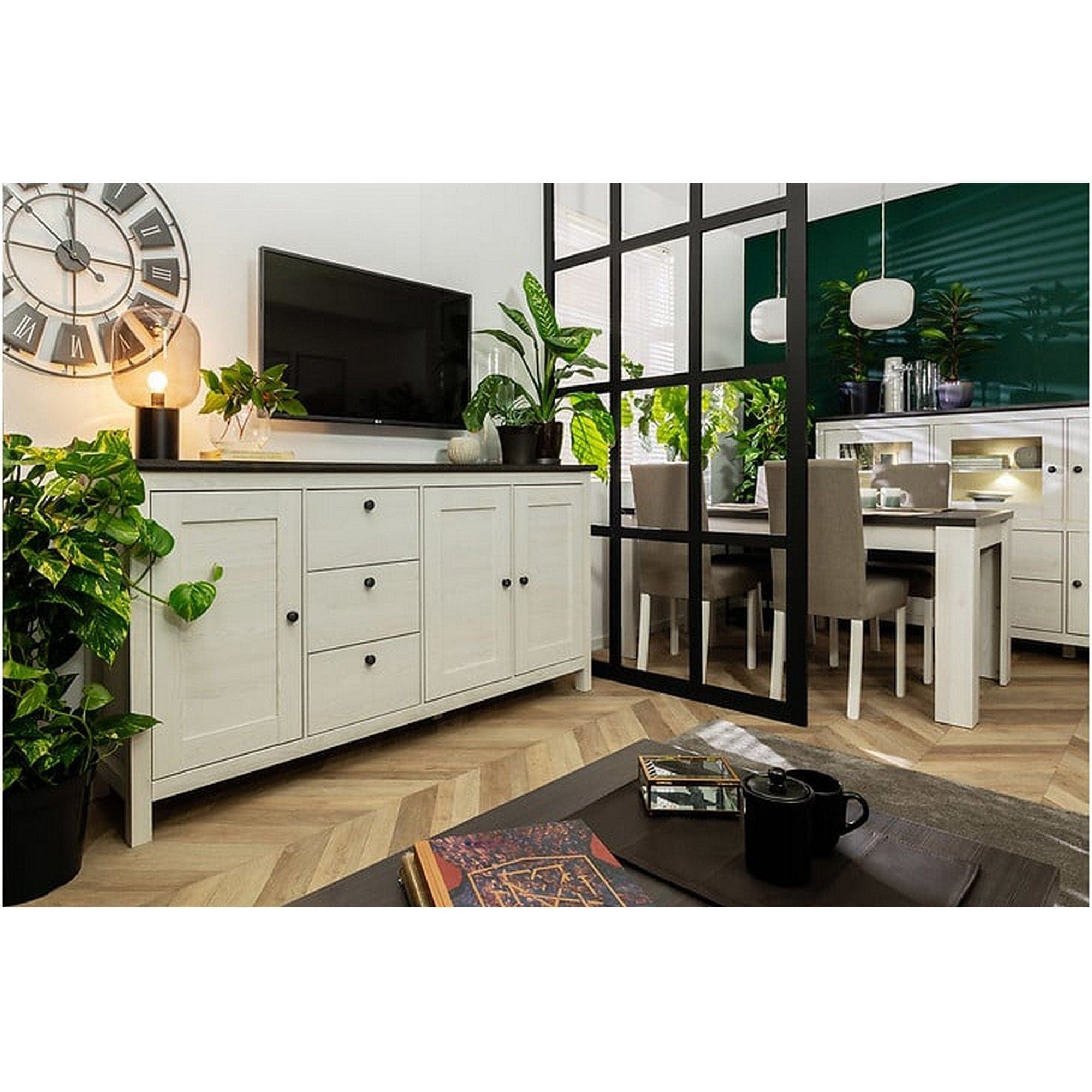 Comoda HESEN, alb/pin larico, PAL, 199x44x96 cm