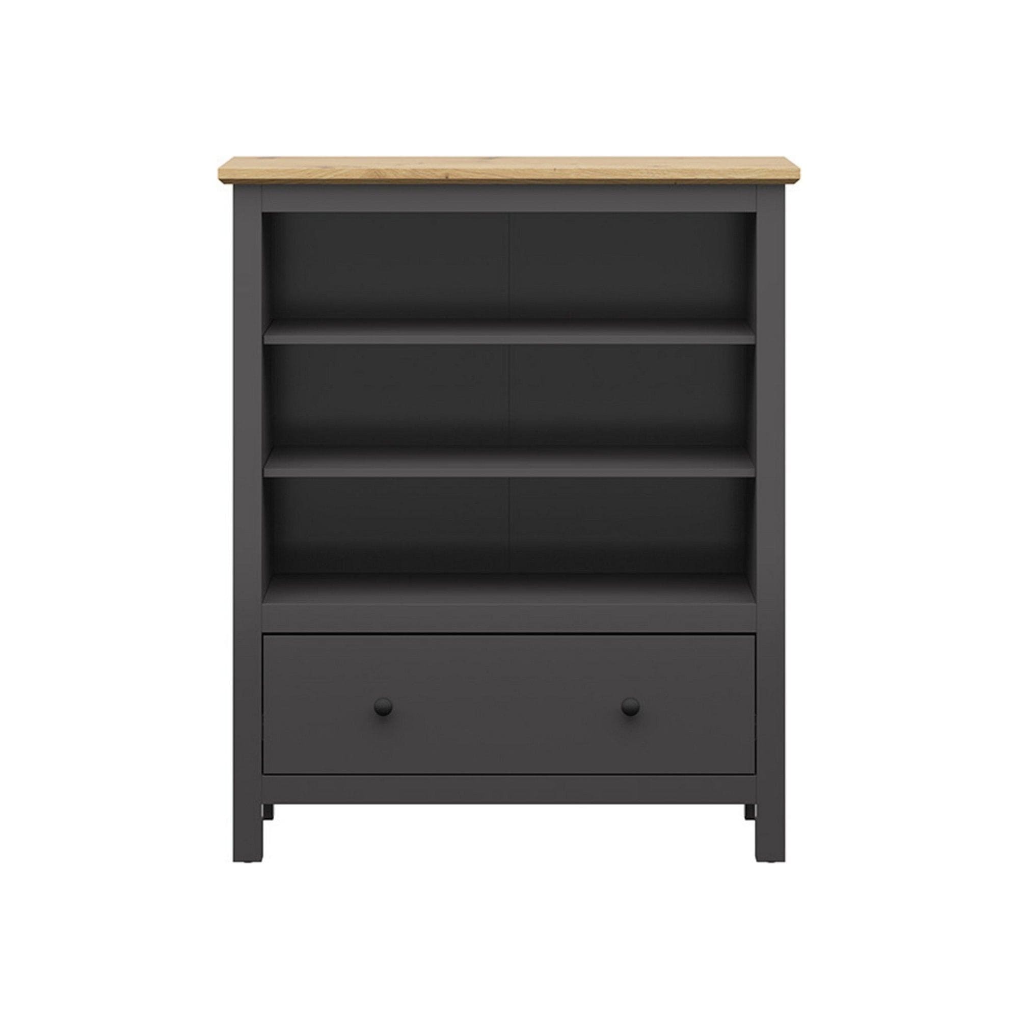 Comoda HESEN, gri grafit/stejar artisan, PAL melaminat, cu rafturi si sertar, 101x44x121 cm