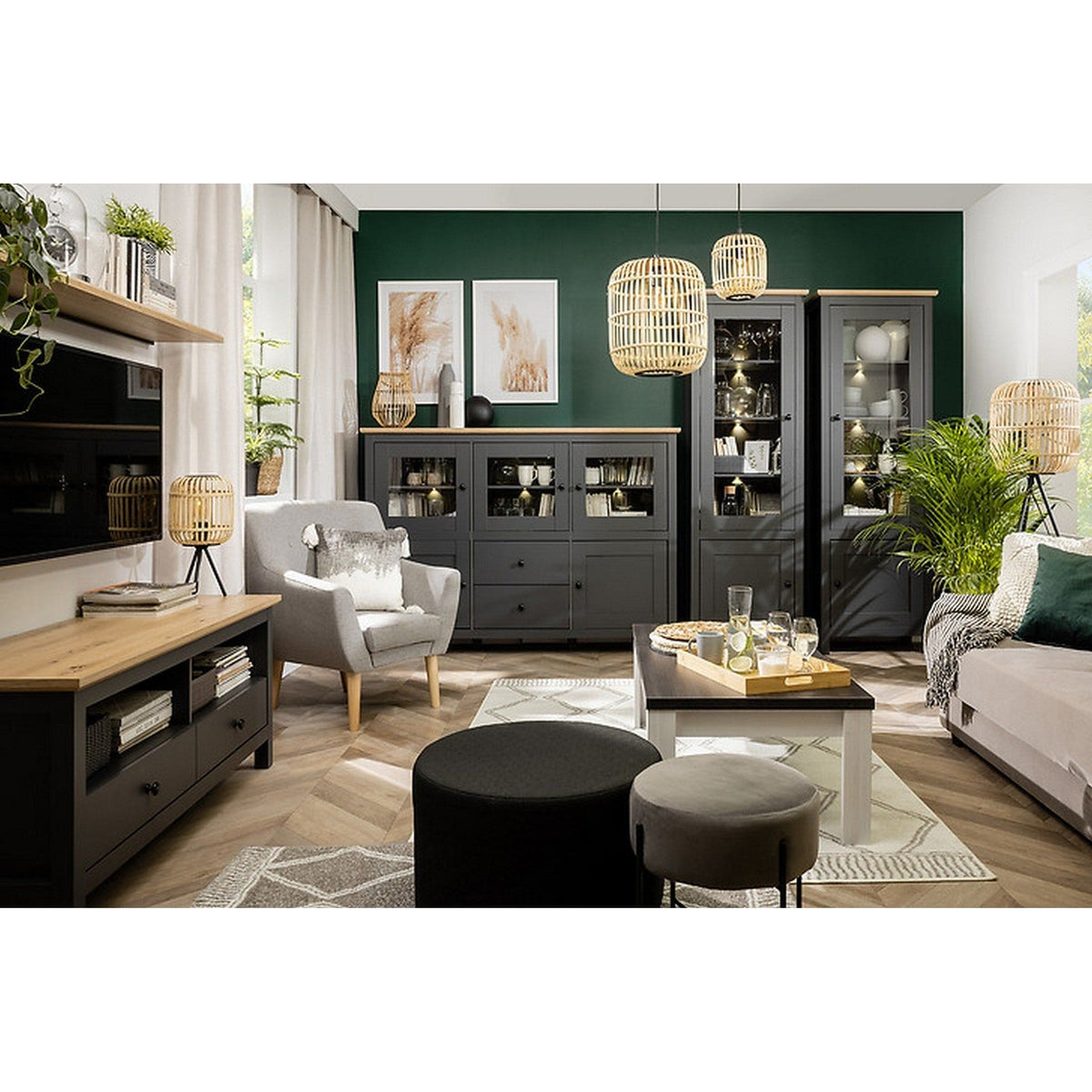 Comoda HESEN, gri grafit/stejar artisan, PAL melaminat/sticla, cu iluminare LED, 186x44x126 cm