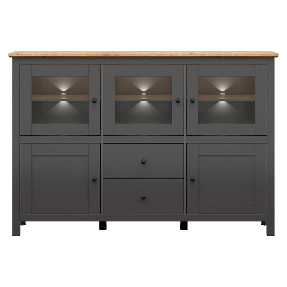 Comoda HESEN, gri grafit/stejar artisan, PAL melaminat/sticla, cu iluminare LED, 186x44x126 cm