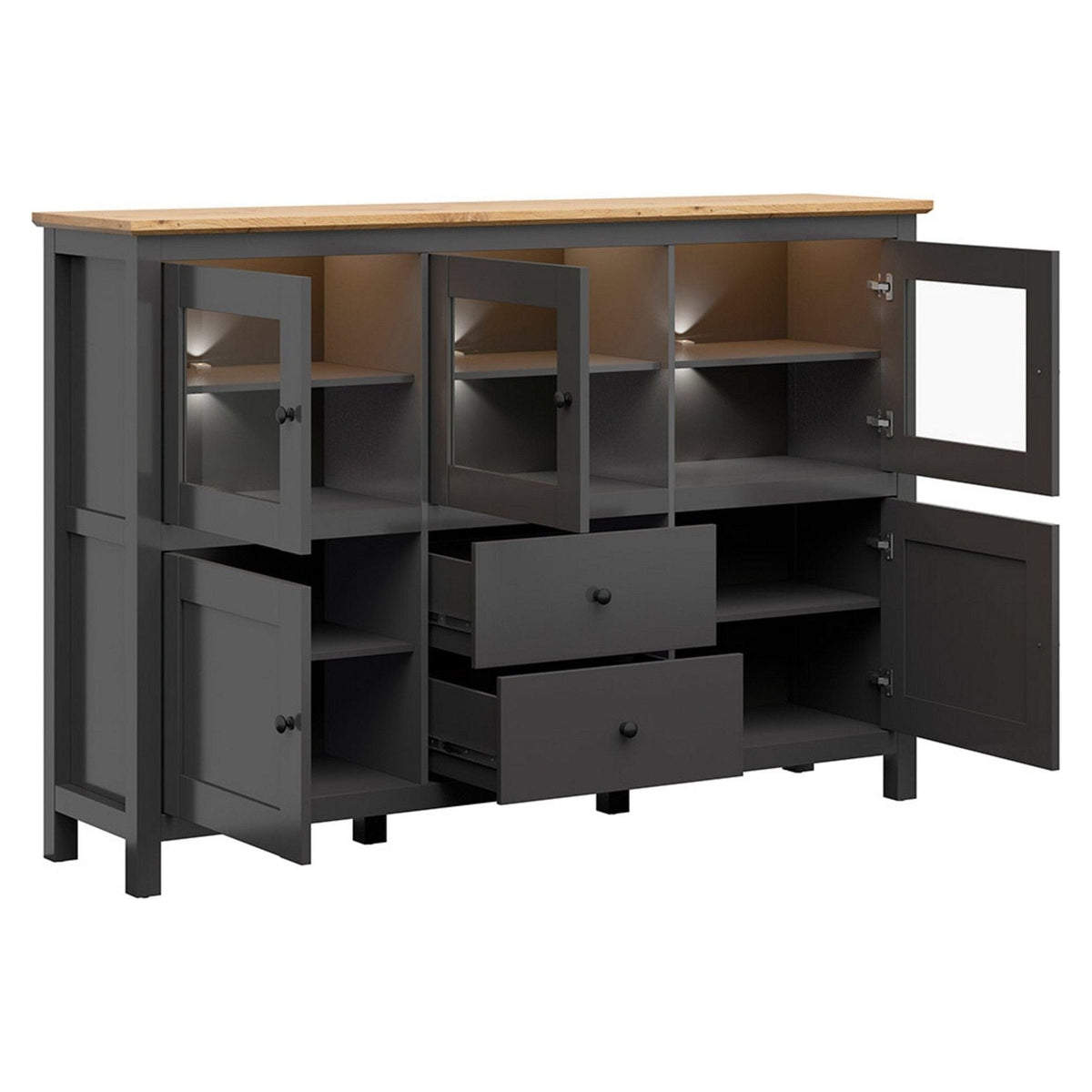 Comoda HESEN, gri grafit/stejar artisan, PAL melaminat/sticla, cu iluminare LED, 186x44x126 cm