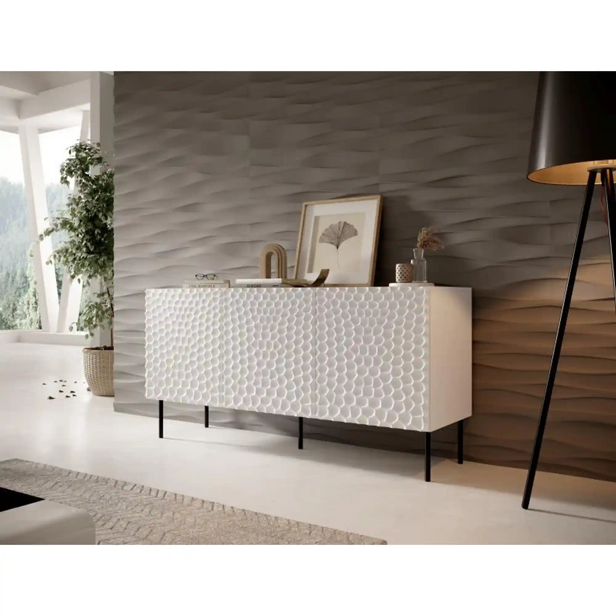 Comoda HOLE, alb/negru, PAL laminat/metal, 152x43x75 cm