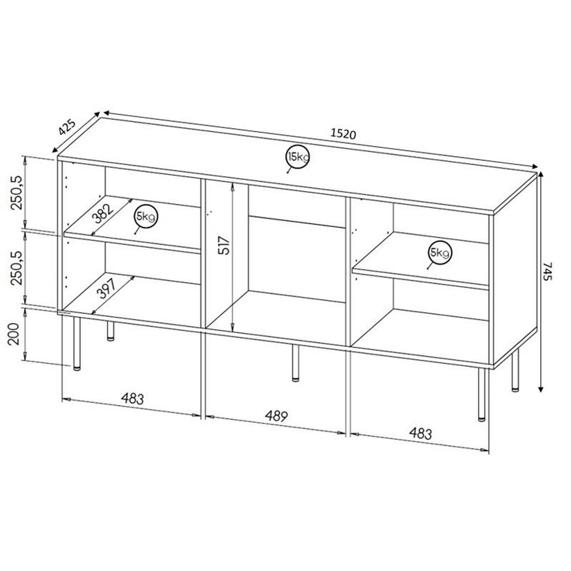Comoda HOLE, alb/negru, PAL laminat/metal, 152x43x75 cm