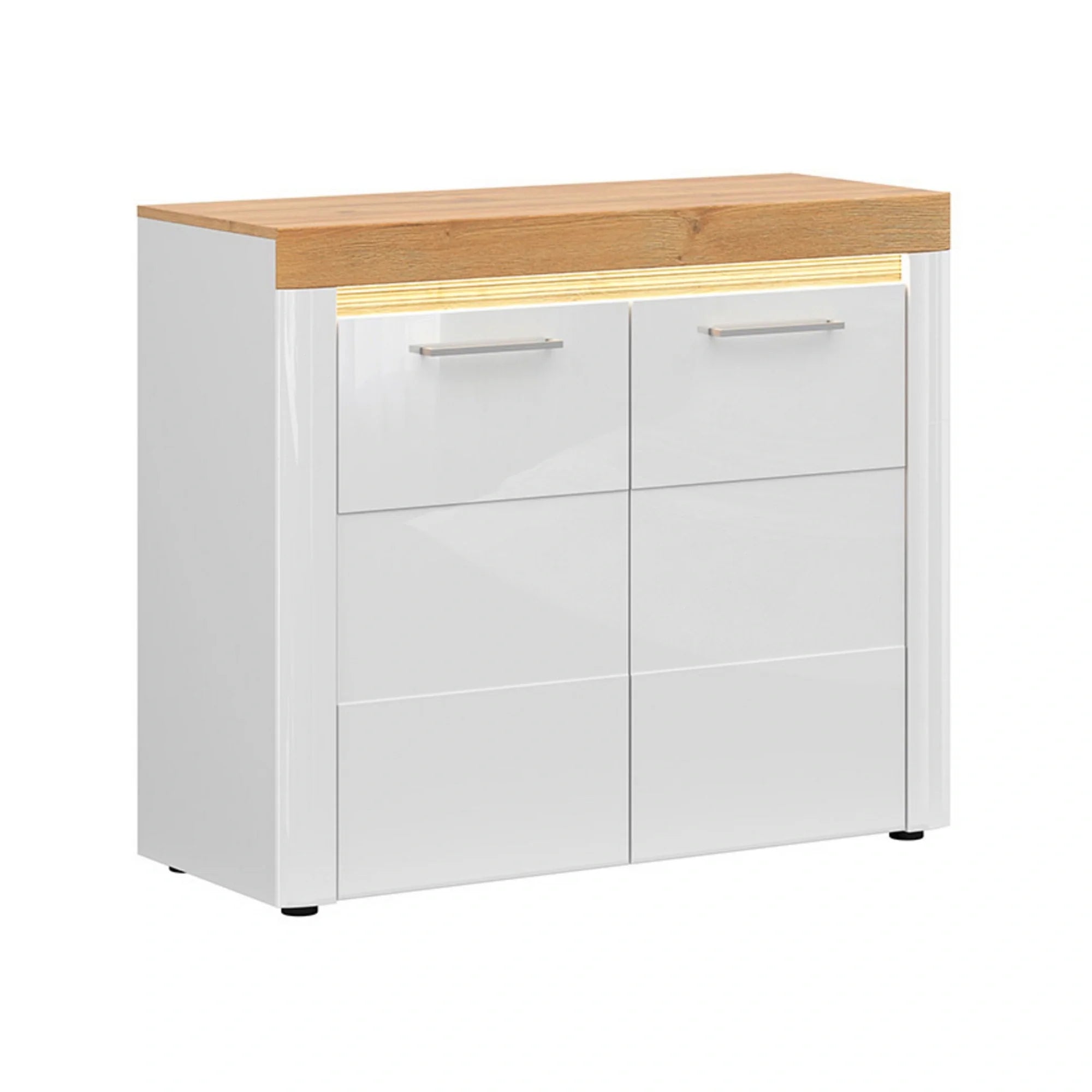 Comoda HORTON, alb/stejar grandson, PAL, cu iuminare LED, 107x42x90 cm