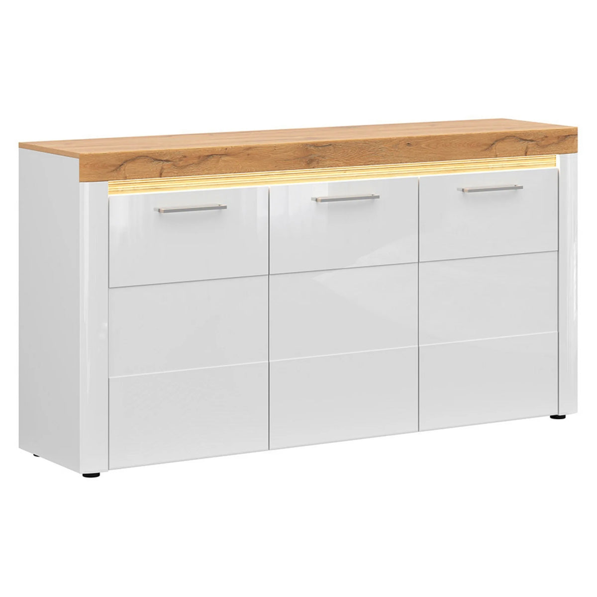 Comoda HORTON, alb/stejar grandson, PAL laminat, cu iluminare LED, 170x42x90 cm