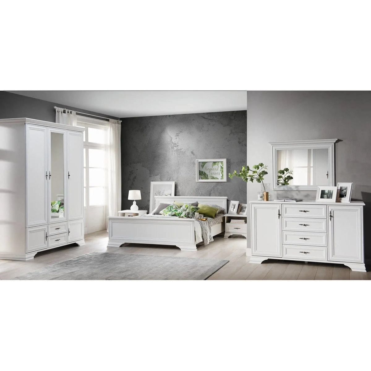 Comoda vintage alba IDENTO, PAL, 155x45x90 cm