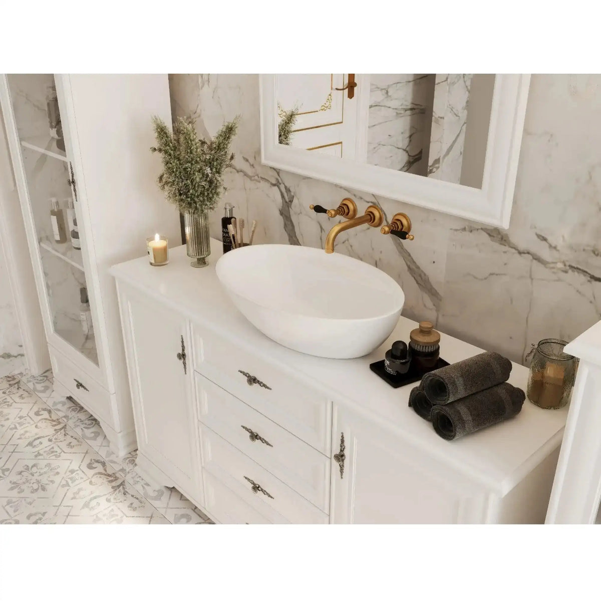 Comoda vintage alba IDENTO, PAL, 155x45x90 cm