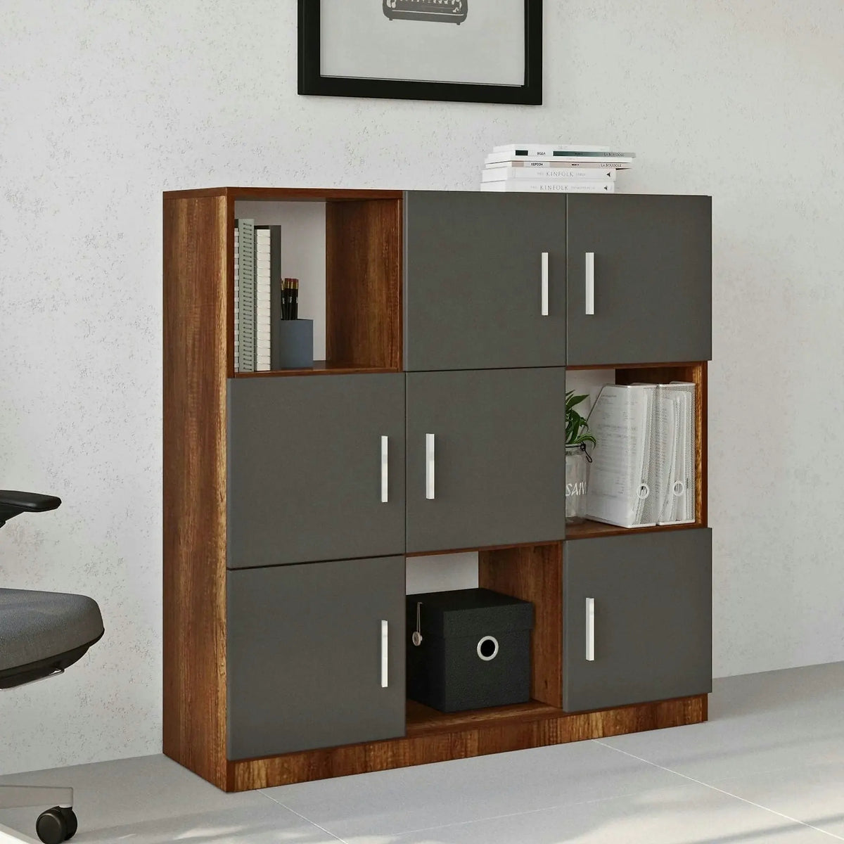 Comoda inalta VO7 - BA, gri/nuc, PAL melaminat, 120x38x122 cm
