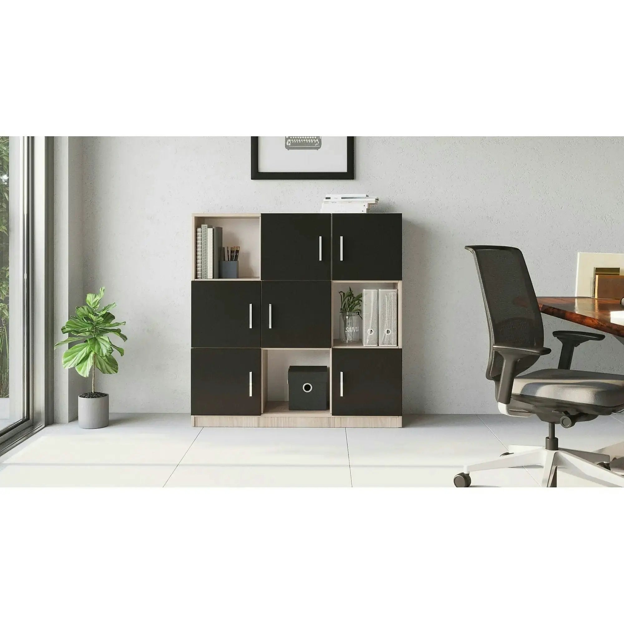 Comoda inalta VO7 - OB, negru/stejar, PAL melaminat, 120x38x122 cm