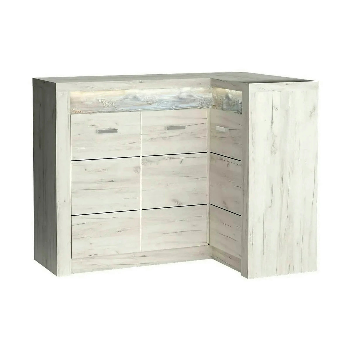 Comoda INDIANAPOLIS I15 dreapta, stejar craft alb, PAL laminat, cu 3 usi si iluminare led, 131/90x42x103.5 cm