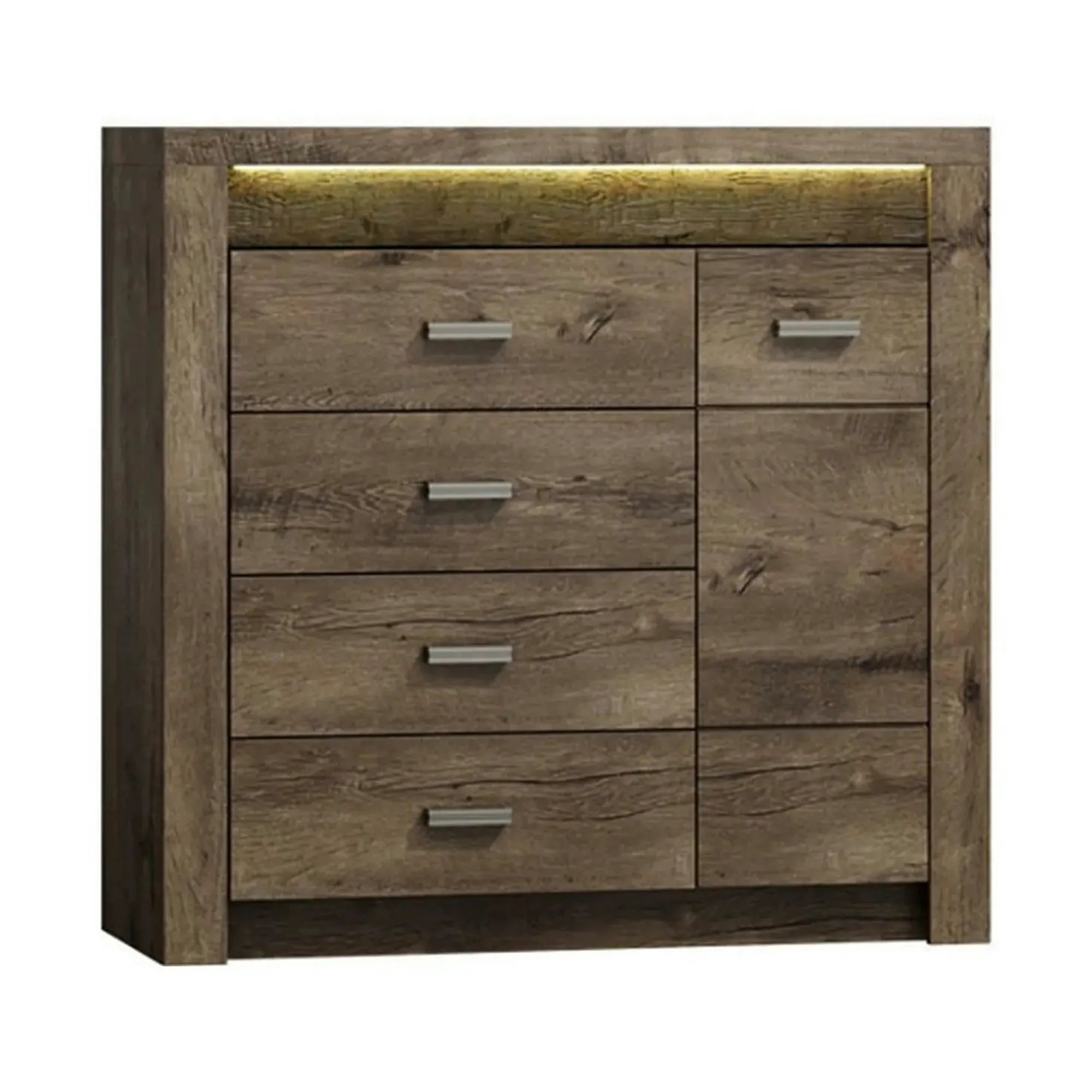 Comoda INDIANAPOLIS I17, frasin inchis, PAL laminat, cu 4 sertare, o usa si iluminare led, 108.5x42x103.5 cm