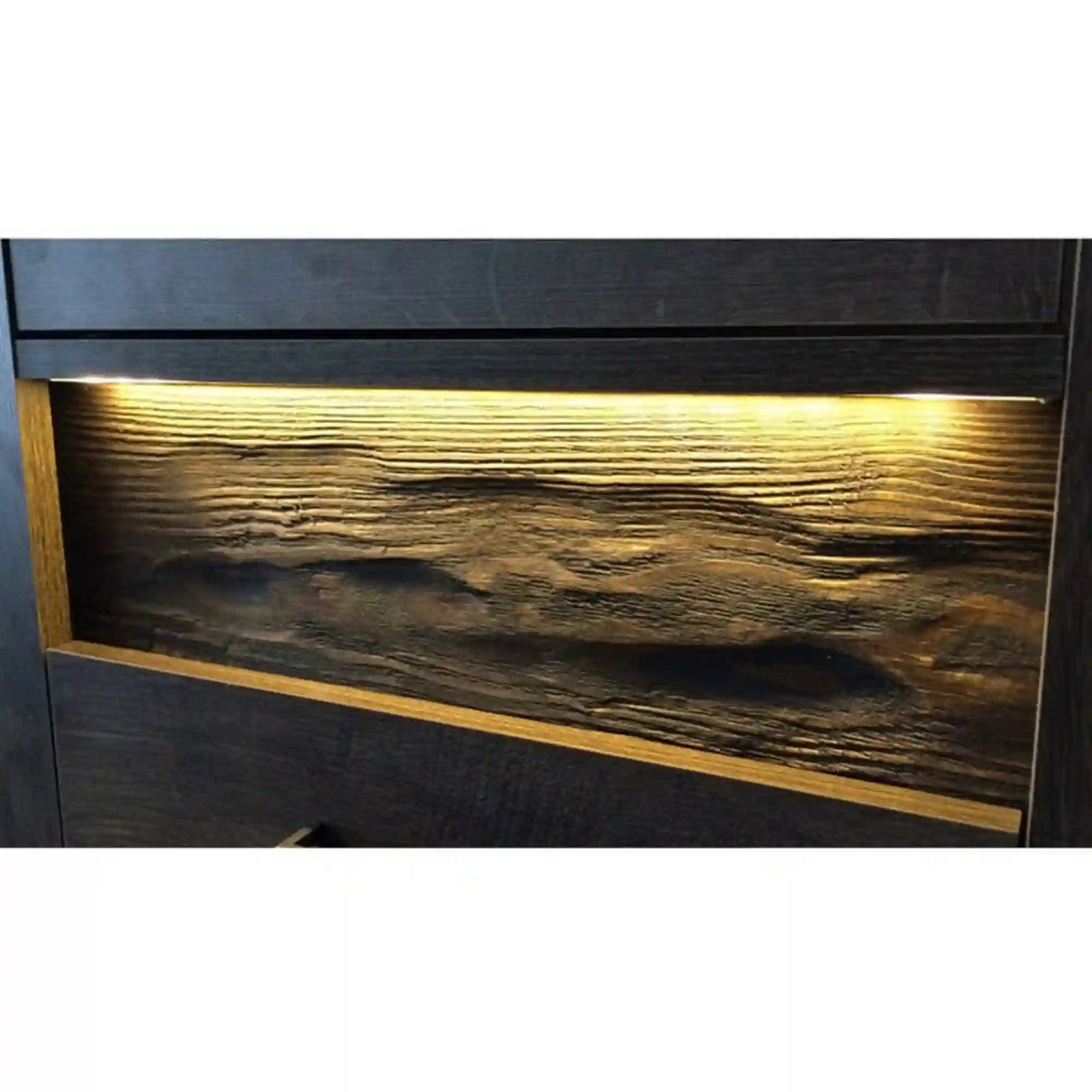 Comoda INDIANAPOLIS I17, frasin inchis, PAL laminat, cu 4 sertare, o usa si iluminare led, 108.5x42x103.5 cm