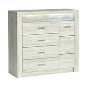 Comoda INDIANAPOLIS I17, stejar craft alb, PAL laminat, cu 4 sertare, o usa si iluminare led, 108.5x42x103.5 cm