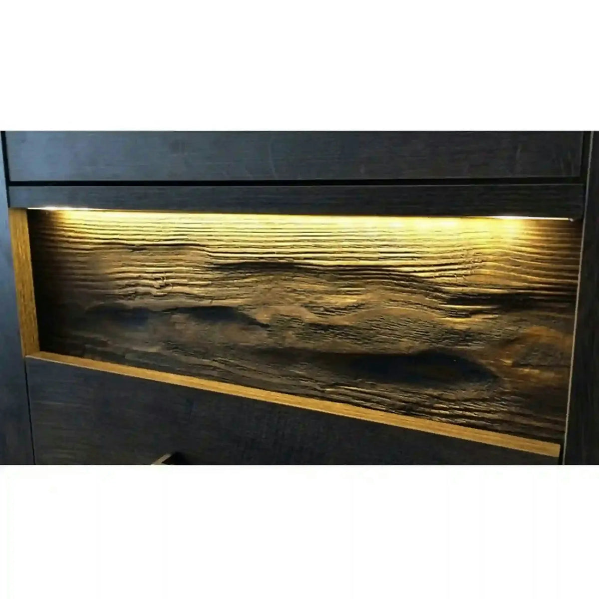 Comoda INDIANAPOLIS I6, frasin inchis, PAL laminat, cu 2 sertare, 2 usi si iluminare led, 76x42x127 cm