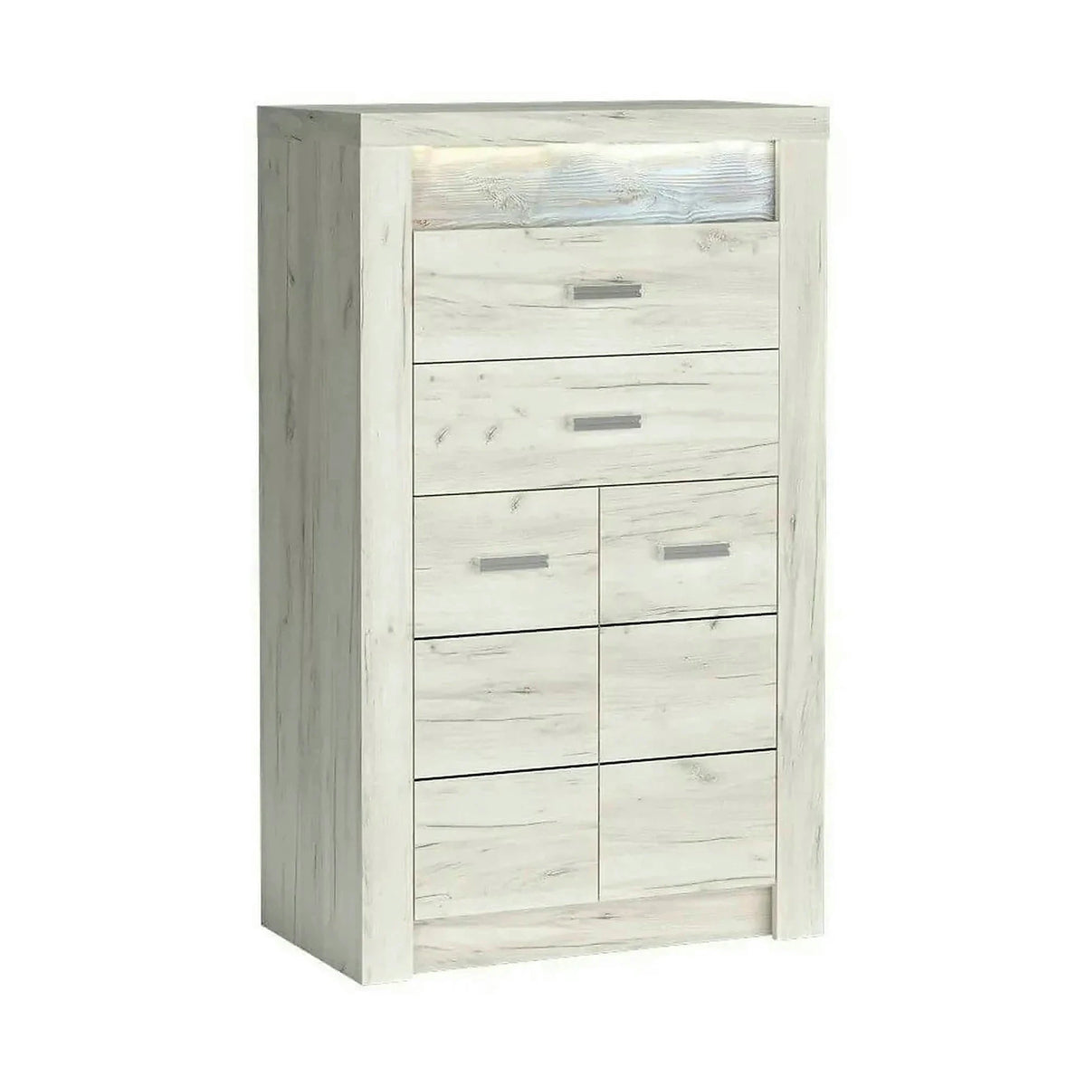 Comoda INDIANAPOLIS I6, stejar craft alb, PAL laminat, cu 2 sertare, 2 usi si iluminare led, 76x42x127 cm