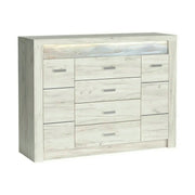 Comoda INDIANAPOLIS I7, stejar craft alb, PAL laminat, cu 4 sertare, 2 usi si iluminare led, 137x42x103.5 cm