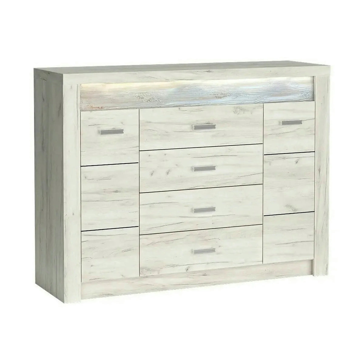 Comoda INDIANAPOLIS I7, stejar craft alb, PAL laminat, cu 4 sertare, 2 usi si iluminare led, 137x42x103.5 cm