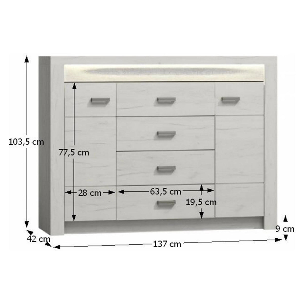 Comoda INFINITY 07, frasin alb, PAL melaminat, 137x42x104 cm