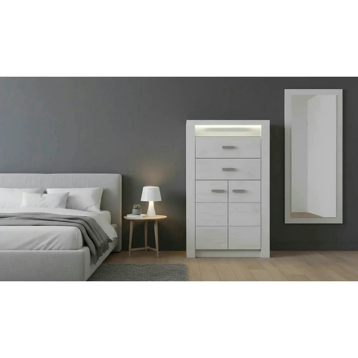 Comoda INFINITY I-06, frasin/alb, PAL melaminat, cu iluminare LED, 76x42x127 cm