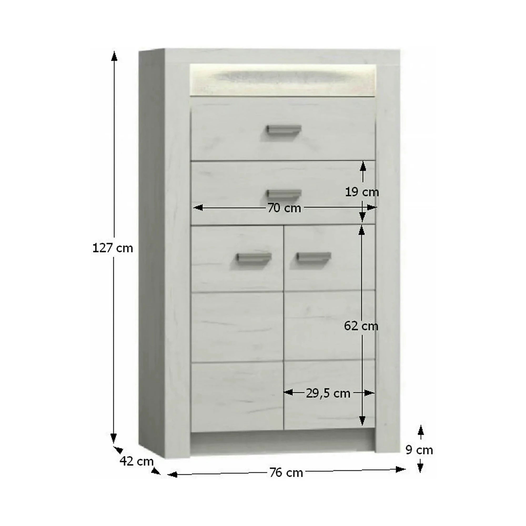 Comoda INFINITY I-06, frasin/alb, PAL melaminat, cu iluminare LED, 76x42x127 cm