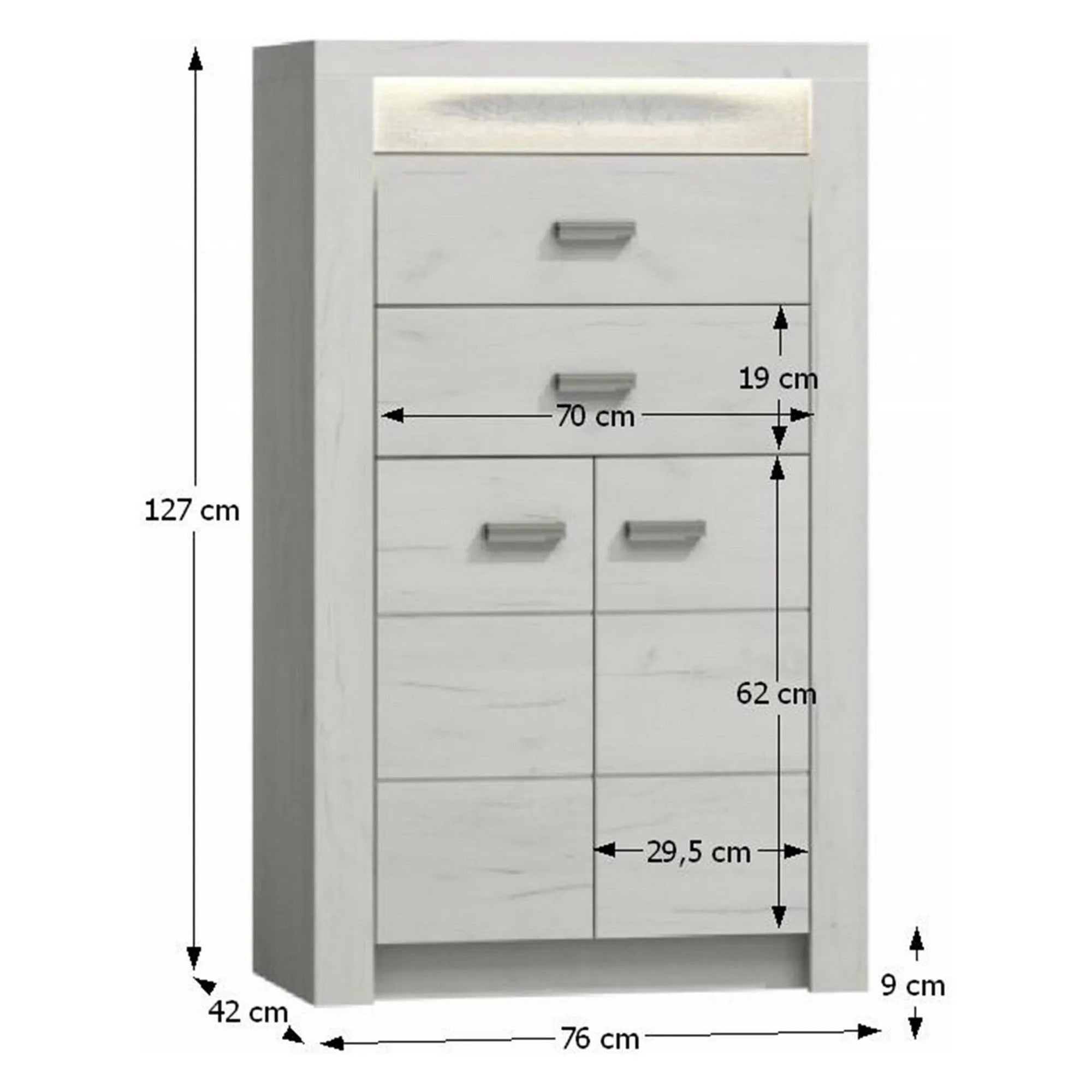Comoda INFINITY I-06, frasin/alb, PAL melaminat, cu iluminare LED, 76x42x127 cm