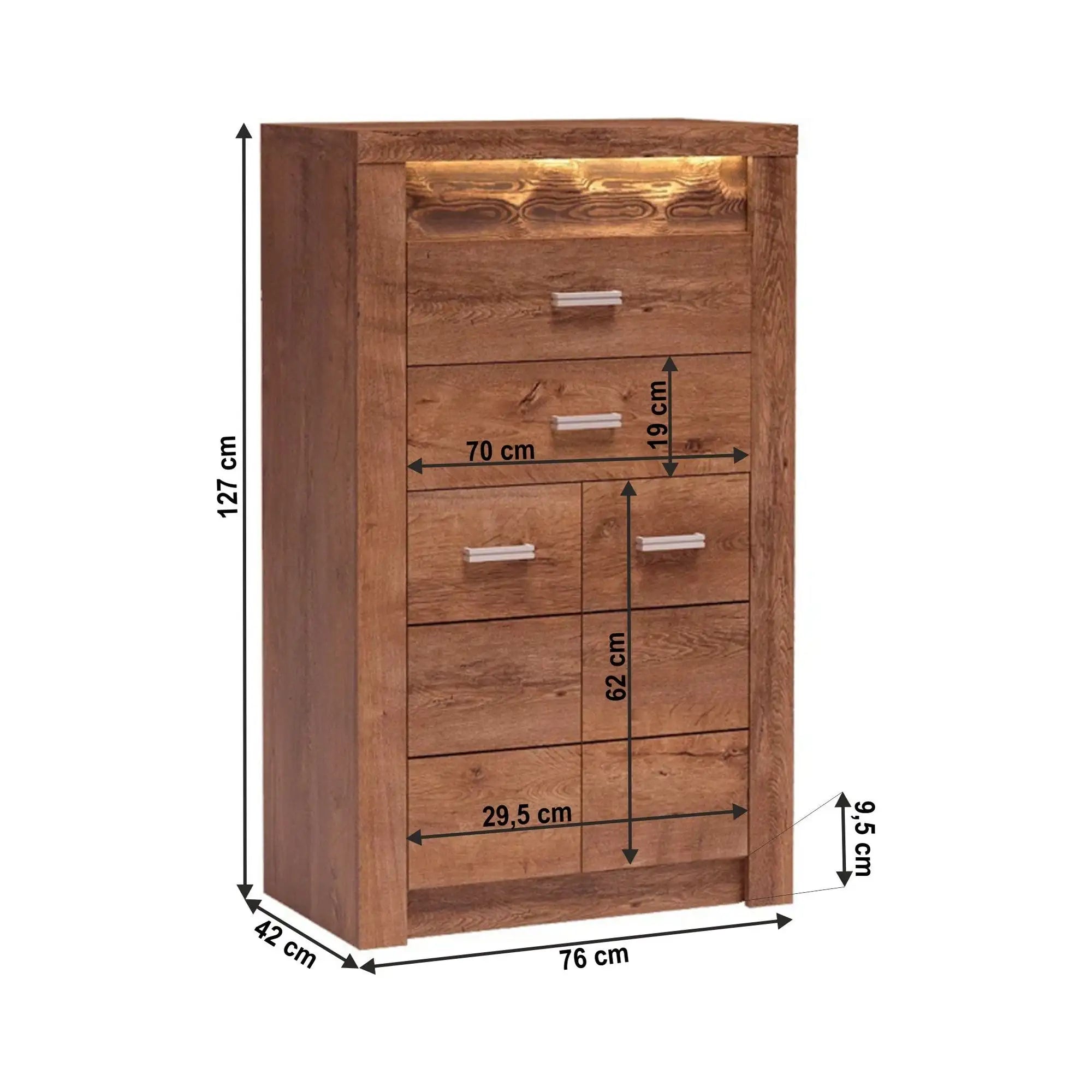 Comoda INFINITY I-06, frasin deschis, PAL melaminat, cu iluminare LED, 76x42x127 cm